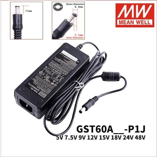 Mean Well GST60A-P1J 60W Power Adaptor 5V 7.5V 9V 12V 15V 18V 24V 48V Meanwell Universal Charger Power Supply