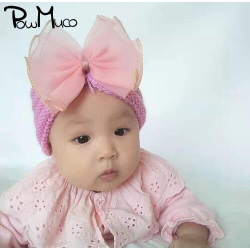 Powmuco Cute Handmade Net Yarn Bowknot Infant Hats Solid Color Knitting Striped Caps Baby Headwear Clothing Decoration Kids Gift