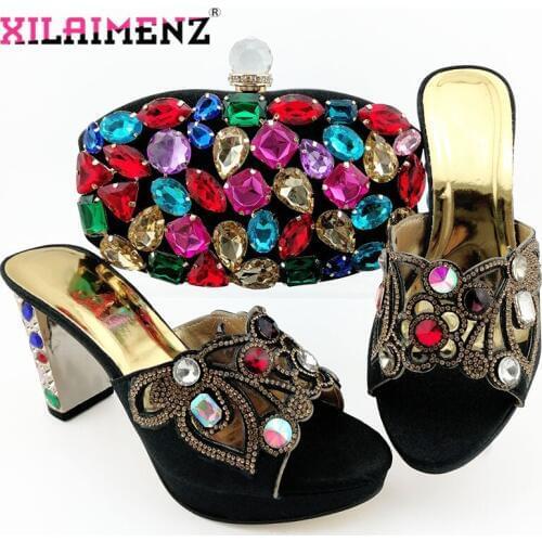 Fashionable African Slippers and Bag Set Italian Sets Black Nigerian High Heels Shoes with Matching Bags for Wedding Party