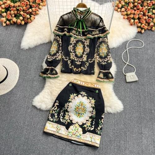 Fashion Summer Women Two Piece Set Ruffles Sexy See Through Printed Lace Floral Shirt And Skirts Sets Printed Short Skirts Suits