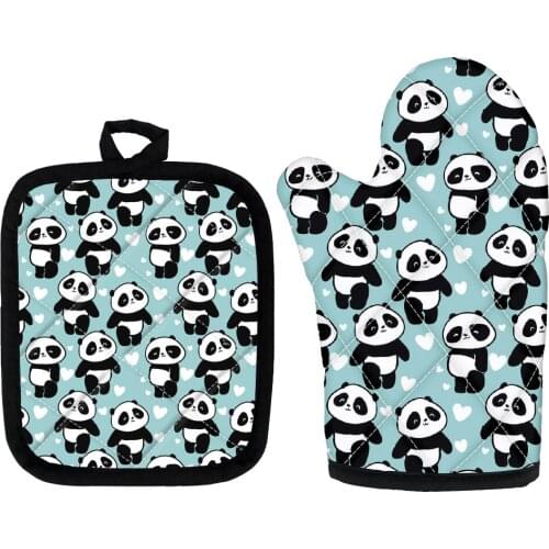 Funny Kawaii Panda Print Oven Mitts And Pot Holder Sets Baking Insulation Microwave Heat Resistant Non-Slip Gloves Dropshipping