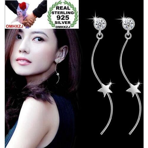OMHXZJ Wholesale Jewelry Sweet Fashion joker for Woman Brid Pentagram 925 Sterling Silver Long Curved Tassel Stud Earrings YS272