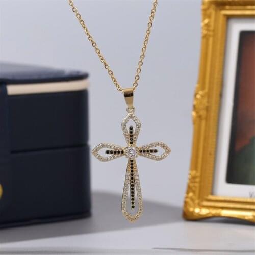 High Quality CZ Zircon Copper Metal Cross Necklaces Pendants For Women Fashion Gold Color Stainless Steel O-chain Necklace Gift