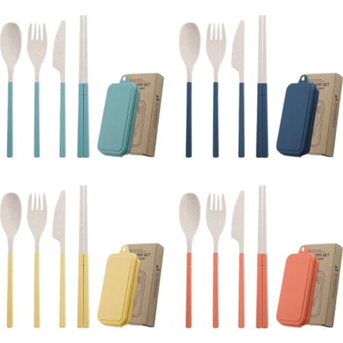 69HC Portable Foldable Cutlery Set Wheat Straw Tableware Spoon Knife Fork Chopsticks