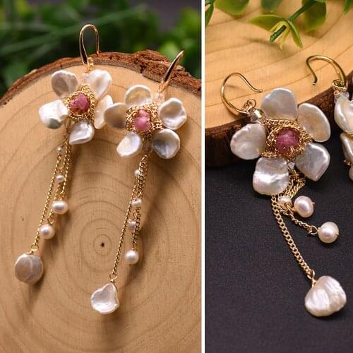 Handmade 100% Natural Fresh Water Pearl Tourmaline Dangle Earrings For Women Drop Earrings Jewelry Tassel Drop Earrings Fashion