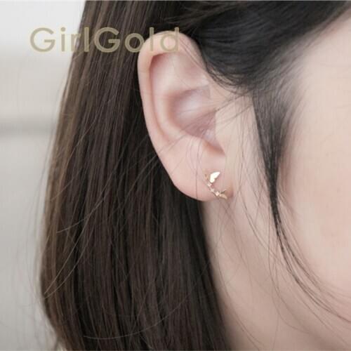 14K solid gold Two butterflies Crystal stud earring Mini dainty women minimal simple style gift bridesmaid