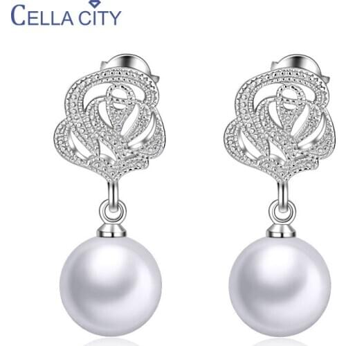 Cellacity Trendy Silver 925 Jewelry Delicate Rose Pearl Earrings for Women Long Temperament Anniversary Gift Female Ear drops