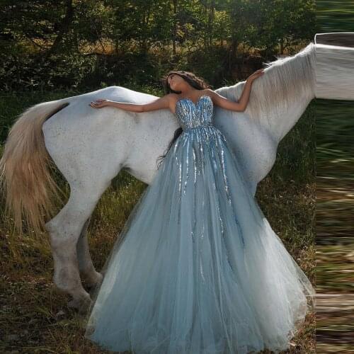 Light Blue Strapless Sweetheart Evening Dress A-Line Floor Length Sequin Ball Gown Custom Made Arabic Woman Prom Dress Plus Size