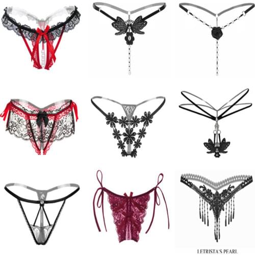 T Panties Female Underwear Lace Seamless Thongs Womens Pants Sexy Pearl Erotic Women Crotchless