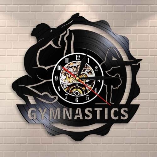 Gym Wall Art Girls Gymnastics Gymnastics Tumbling Wall Clock Vinyl Record Clock Fitness Workout Gymnast Decorative Clock Watch