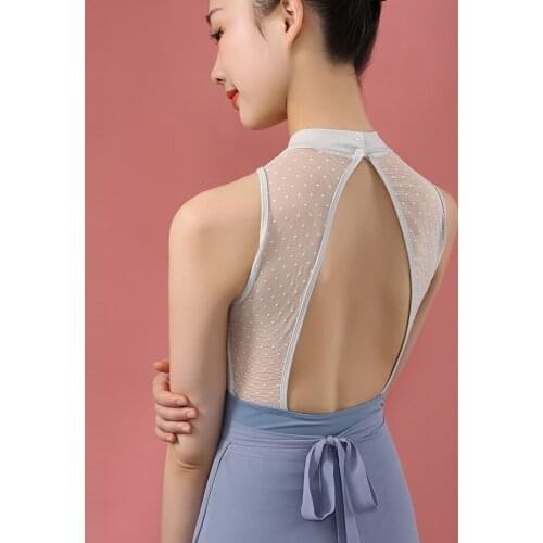 Emborideried Flower Sleeveless Tank Dance Leotard Women High Neck Elegant Blue Leotards for Girls Gymnastics Ballet Coverall
