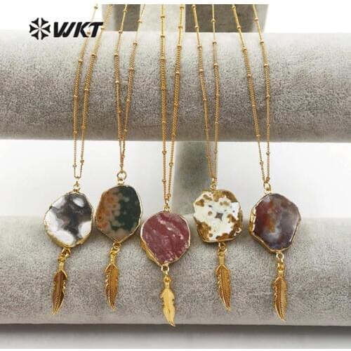 WT-N1131 Wild Coast Jewelry Ocean Stone With Gold Dipped Mini Feather Pendant Necklace 18 Inch Bohemia Gift For Women