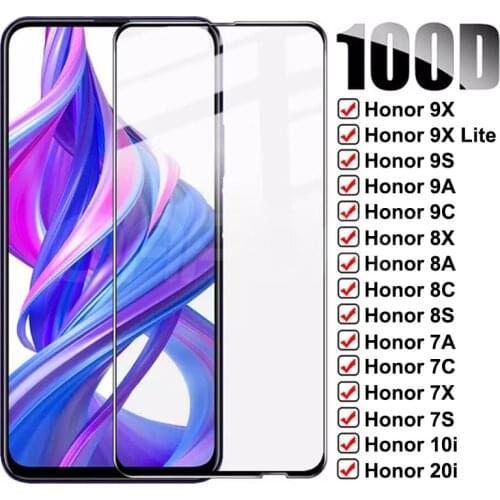 100D Full Protective Glass For Huawei Honor 9X Lite 7A 7C 7X 7S 8X 8A 8C 8S 9A 9C 9S 20i 10i 9i Tempered Screen Protector Glass