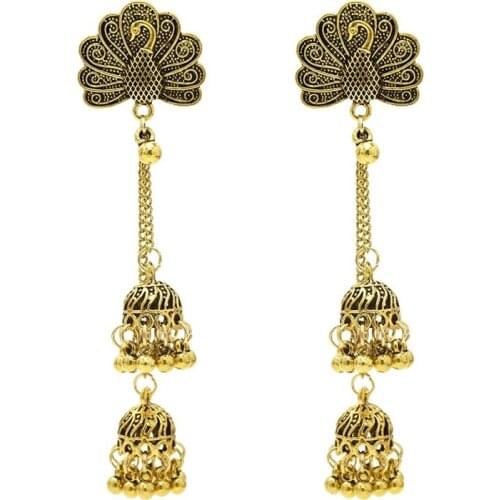 Mujeres étnicas oro Pavo Real largos pendientes Jhumka indio pendientes Vintage pendiente linterna borla Palacio Orecchini Donna