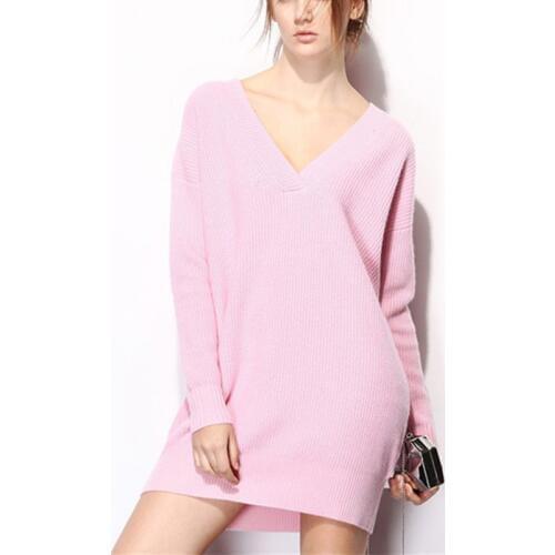 Goat cashmere wool blend knit women mid long sweater pullover dress loose long wide loose big Vneck S/M/L