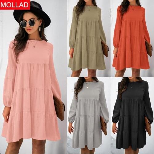 Womens Clothing 2021 Cotton Linen round-Neck Lantern Sleeve Loose Stitching Big Swing Autumn and Winter Dress