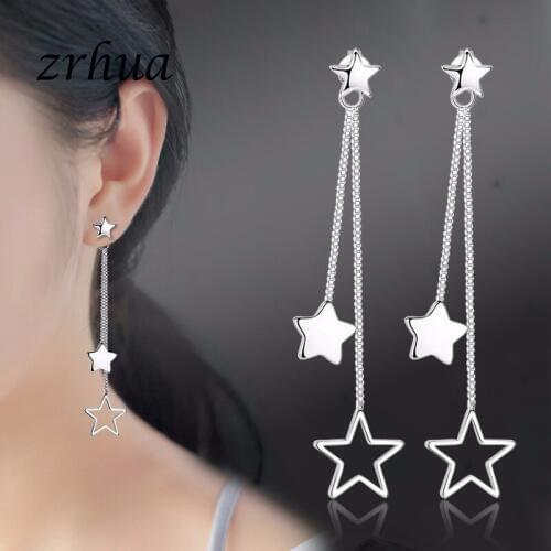 ZRHUA High Quality 925 Sterling Silver Jewelry for Women Hollow Star Long Drop Earrings Hot Elegant Wedding Engagement Gifts