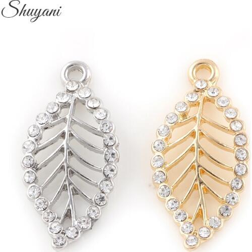 20PCS Alloy Metal Hollow Leaf Crystal Charm Pendants Bracelet Necklace Handmade Jewelry Accessory