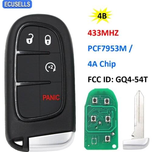 3+1/4 Button Smart Remote Car Key 433MHz PCF7953M 7953M 4A Chip for Jeep Cherokee RAM 1500 2500 3500 FCC: GQ4-54T Uncut Blade
