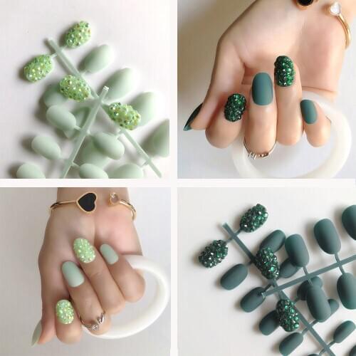 Customized 3D Matte Ellipse False Nails Green 24pcs Fake Nails AB Gems Finished Pre Design Full Nail Tips