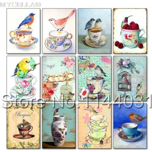 5d Diy Diamond Painting Landscape Full Diamond Embroidery Tea Cups And Birds Diamond Mosaic For ChildrenS Home Decoration