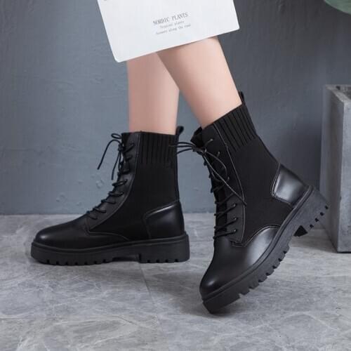 Ankle Boots Elastic Knitting+Leather Socks Women Chunky Short Boots Ladies Shoes Fashion Thick Bottom Autumn Winter Boots Black
