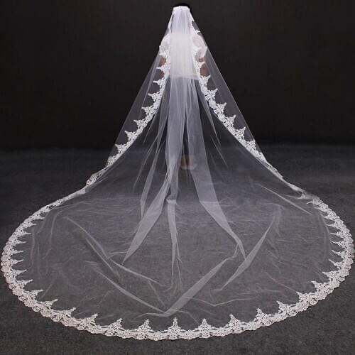 Long Lace Wedding Veil with Comb 4 Meters Ivory Color Bridal Veil 400cm One Layer Veil for Bride Wedding Accessories
