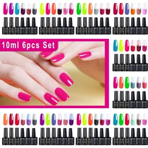 Elite99 6pcs/set 10ml Fluorescent Color Gel Polish and Temperature Color-Changing Gel Varnish Nail Art Gel Nail Polish Set