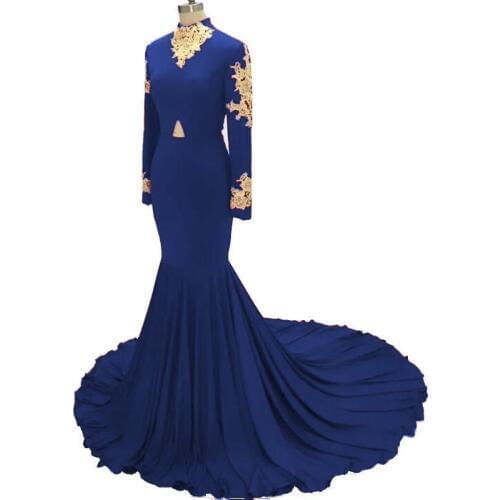 Ensotek Long Sexy Evening Dresses 2020 High-neck Long Sleeve Appliques Royal Blue Mermaid Gold Lace Fromal Prom Dress Vestidos