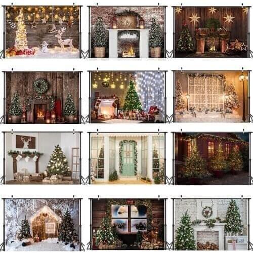 Photography Background Christmas Fireplace Backdrop Photo Studio Winter Family Party Video Background Chriatmas Tree Snow Window