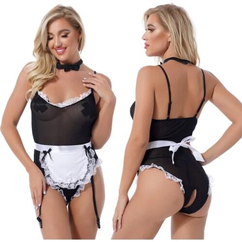 Women Lingerie Set Adjustable Crotchless See-Through Mesh Lace Jumpsuit Apron G-String Briefs Tie Knot Set Underwear Night Wear
