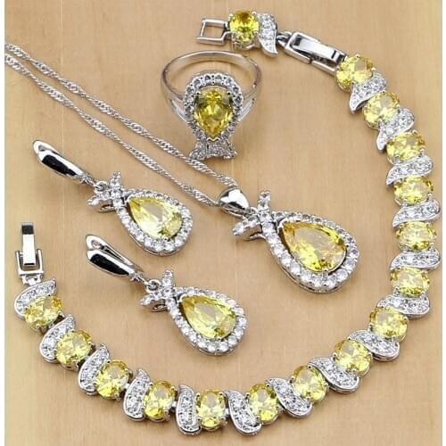Trendy 925 Silver Bridal Jewelry Yellow Cubic Zirconia Jewelry Sets For Women Wedding Earrings/Pendant/Necklace/Rings/Bracelet