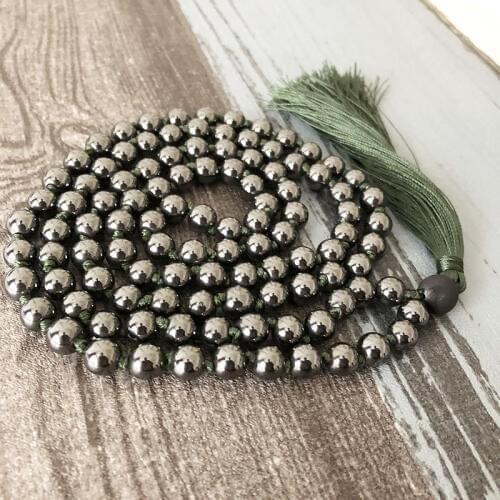 Boho Hematite Jewelry Japa Mala 108 Beads Hand Knotted Long Tassel Necklaces Healing Heavy Necklace Men