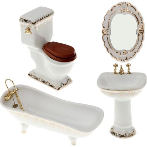 4pcs White Ceramic Bathroom Set Furniture 1/12 Dollhouse Miniature Kits #1