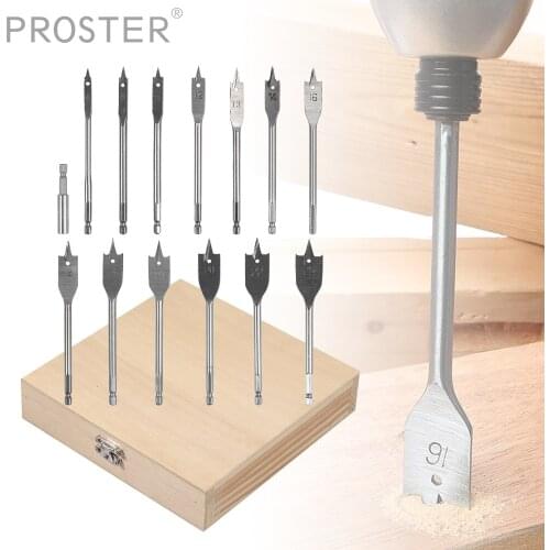 Proster 13pcs/set Wood Drill Bit Set with Wooden Box Drill Chuck Woodworking Tools 150mm Length 6-25mm Spade Flat Hex Shank Bits