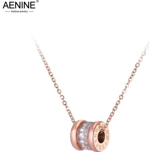 AENINE Fashion Cubic Zirconia Circle Chokers Necklaces Roman Numerals Stainless Steel Charm Pendant Jewelry For Women AN19023