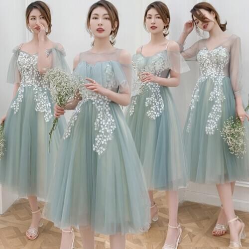 Bridesmaids Dresses Illusion Appliques Lace Tulle Short V-Neck Spaghetti Straps Off The Shoulder Women Wedding Party Gown E262