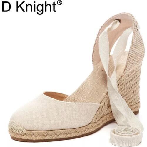 Women Sandals Casual Linen Canvas Wedge Espadrilles Sandals Summer Ankle Strap Closed Toe High Heel Platform Pump Shoes Big Size