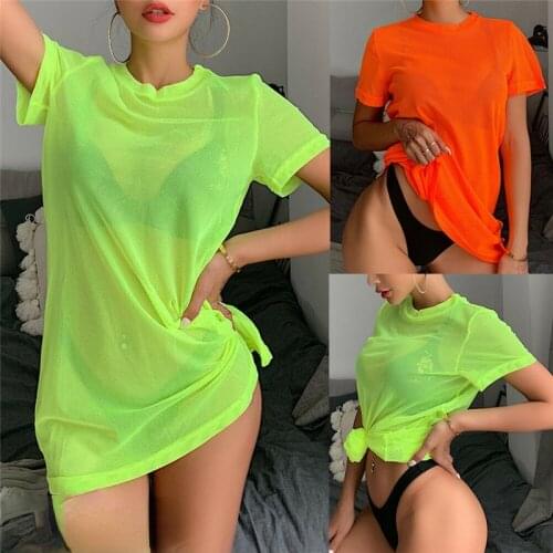 Sexy Women Sheer Mesh Bikini Cover Up Swimwear Swimsuit Bathing Suit See Through Short Sleeve T-shirt Tops Summer Beach Dress