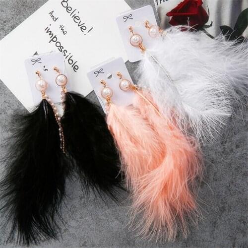 Japan Korean Fashion Sweet Feather Drop Earrings Simulated Pearls Tassel Rhinestone Chains Long Dangle Earring for Women Jewelry