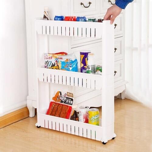3/4/5 Layer Gap Kitchen Storage Rack Slim Slide Tower Movable Assemble Plastic Bathroom Shelf Wheels Space Saving Home Organizer