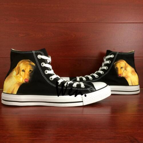Wen Design Custom Black Hand Painted Shoes Pet Dog Golden Retriever High Top Canvas Sneakers Birthday Gifts