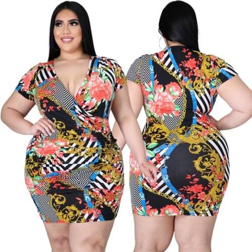 Women Dresses Summer 2021 Fashion V Neck Short Sleeves Print Elegant Casual Style Plus Size Mini Dress Wholesale Dropshipping