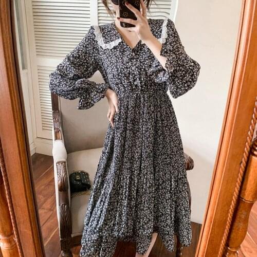 Dresses for Women 2021 Autumn French fashion Long-Sleeve Chiffon Floral Pleated Black Dress Vintage Female Lace Puff Sleeve 1079