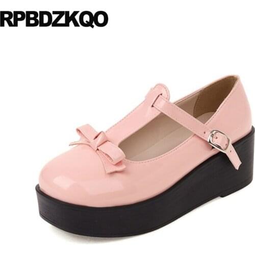T Strap Patent Leather Wedge Harajuku Shoes Big Size Women Pink New High Heels 11 43 Round Platform Pumps 10 42 Sweet Lolita Bow