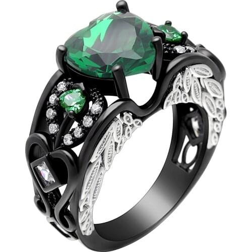 Female Heart Purple Green Ring Fashion White & Black Gold Filled Jewelry Vintage Wedding Rings For Women Birthday Stone Gifts