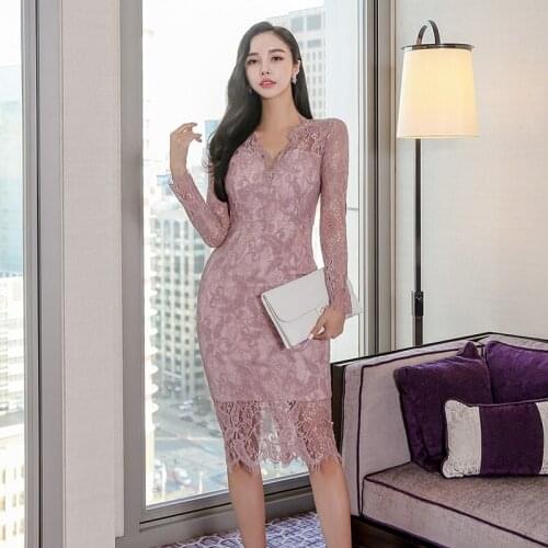 Korean New Sexy V-Neck Slim Pencil Lace Dresses Women OL Work Elegant Casual Hollow Out Party Bodycon Dress Vestidos
