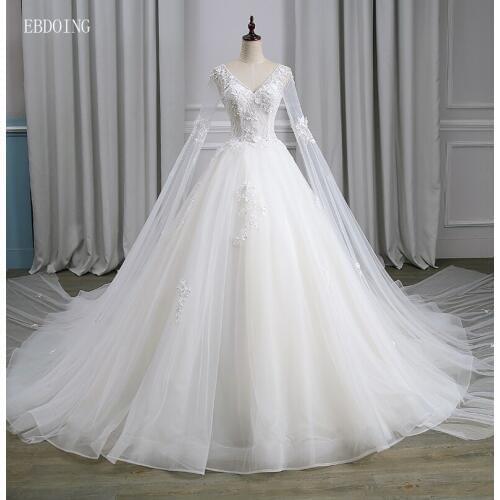 Vestidos De Novia Sexy Ball Gown Wedding Dress V-neck Neckline Full Sleeve Chapel Train Plus Size Backless With Lace Appliques