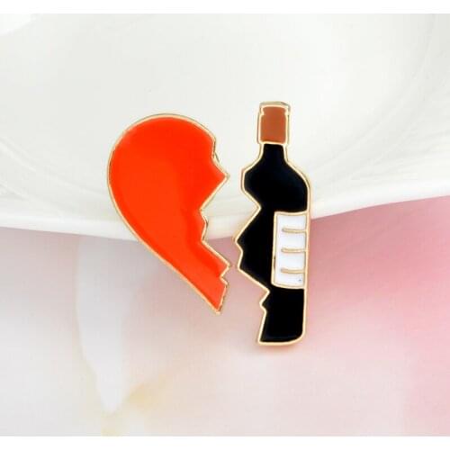 2pcs/set Half Heart wine bottle enamel brooches pins Denim clothes Button Badge Gift Friendship Jewelry for friends lovers