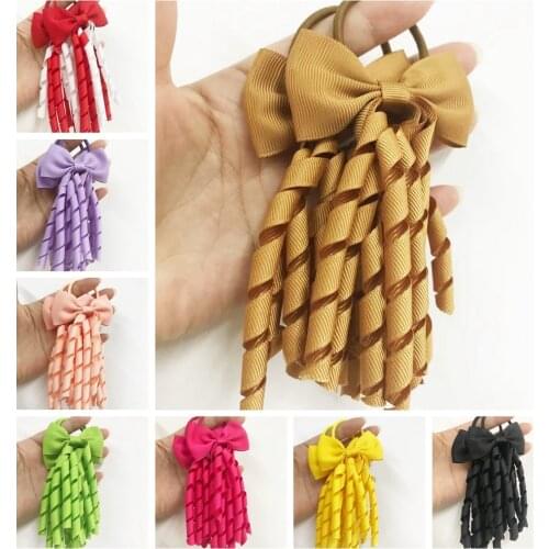 7*3.8 CM Grosgrain Ribbon Bowknot Baby Girls Elastic Hairband Curly Tassels Handmade Bows Toddler Headwear Clothing Decoration